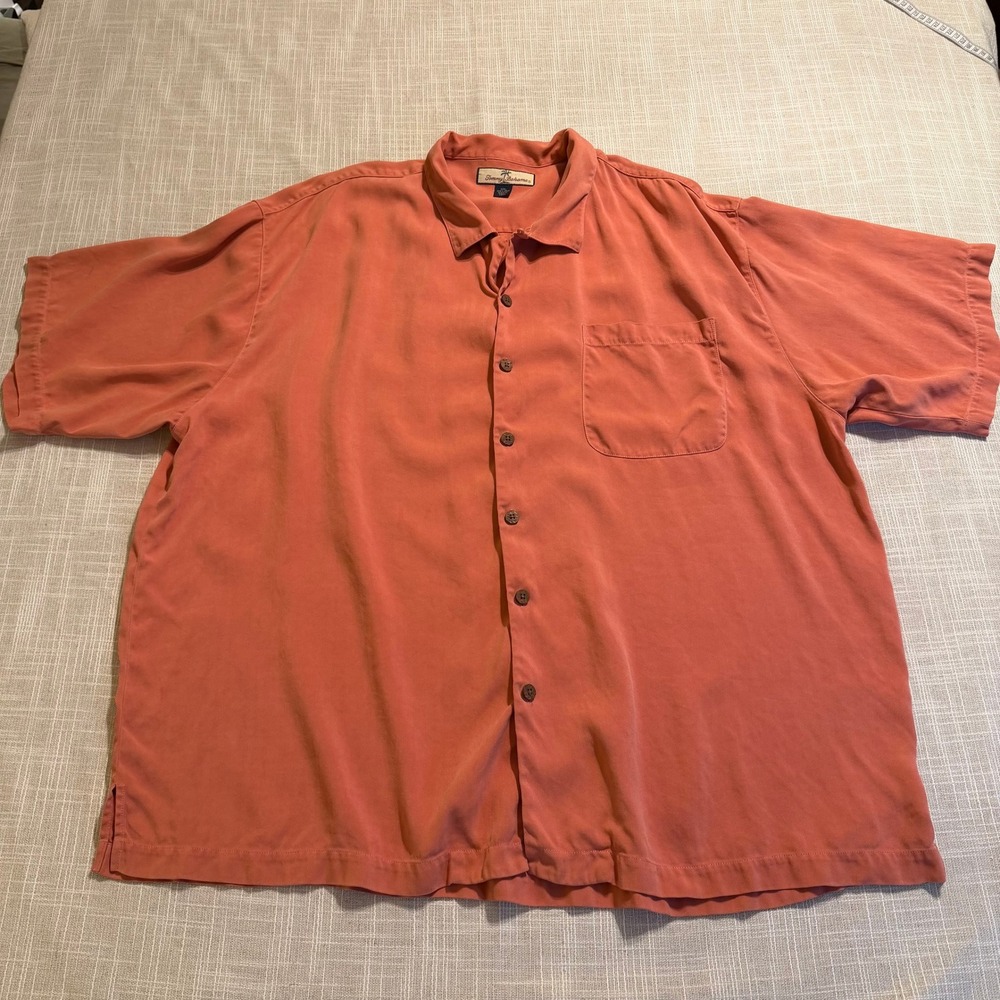 Tommy Bahama Mens XXL 100% Silk Short Sleeve Button Down Herringbone Coral Shirt